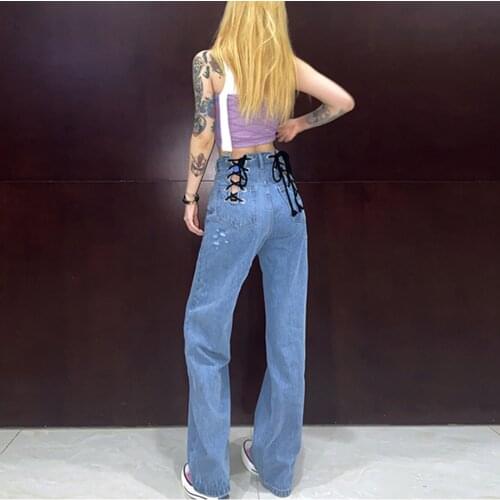 E girl Tie Jogger Pants Denim Pants Patchwork Cross Belt High Waist Slim Trousers Women Bodycon Bandage Jeans Pencil Sweatpants