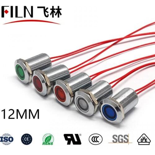 FILN Metal flat head 12mm red green blue yellow white high quality 12v 220v led signal lamp led indicator lamp with cable