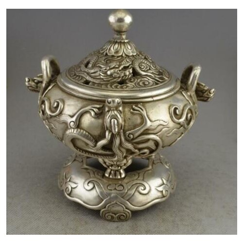 China Antiques Tibetan silver hand made dragon Incense Burners statue