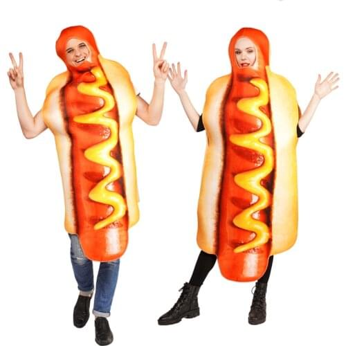 Hotdog Costume Fancy Dress Food Couples Costumes Halloween For Adults Funny Cosplay Men Hot Dog Jumpsuit