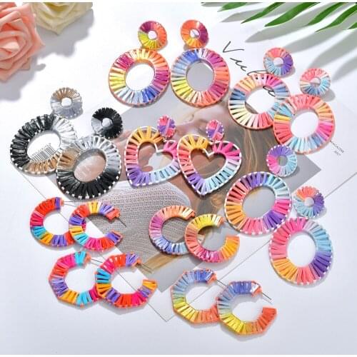 MESTILO Fancy Color Fashion Jewelry Bijoux Rainbow Colorful Raffia Earring Big Oval Straw Statement Earrings For Summer Jewelry