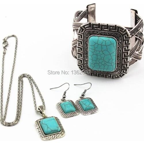 Womens Tibetan Silver Plated Square Stone Cuff Bangle Necklace Hook Earrings Geometric Stone Jewelry Sets Gift TZ57