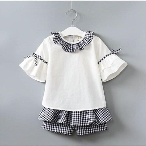 New Kids girls summer sets 2019 children fashion patchwork short sleeve T-shirt + Plaid shorts clothes set 2-7 years