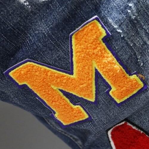 2021 Spring Fashion Mens Embroidery Straight Jeans Streetwear Graffiti Printed Spliced Denim Pants Man Cowboy Long Trousers 38