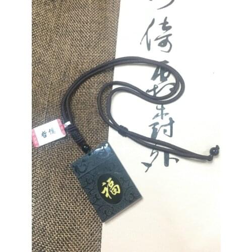 Zheru Jewelry Pure Natural Hetian Jade Carved Dark Green Blessing Pendant Hand-knitted Brown Rope Necklace A Class A National Ce