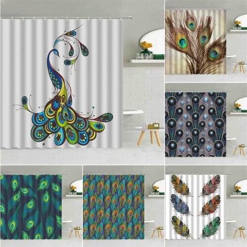 Colorful Bird Feather Shower Curtain Peacocks Chinese Style Park Animal Bathroom Decor Bath Screen Waterproof Hooks Curtains Set