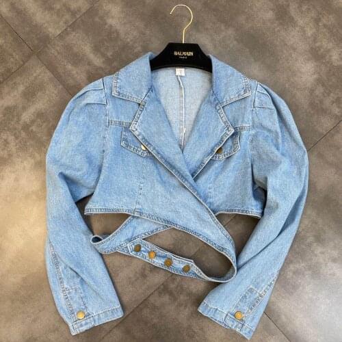 ZCSMLL 2021 Fall Turn-down Collar Three-dimensional Coats Shoulder Long Sleeve Waist Korean Fashion Women Denim Jacket Trend