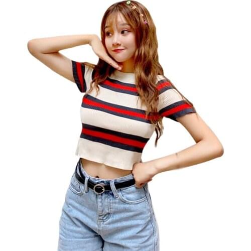 Womens O-Neck Color Striped Slim Tee Shirt Summer Casual Short Knit Short-Sleeved T-shirt Tops