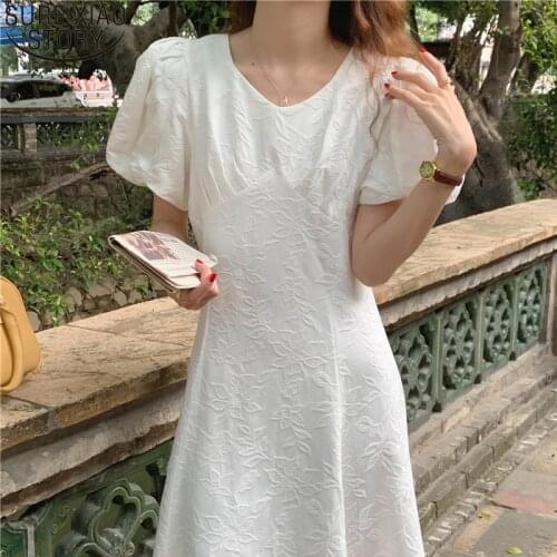 2021 New Puff Sleeve Dress Vintage Lace-Up Floral Summer Dresses Women Elegant High Waist V Neck White Vestido Feminino 15261