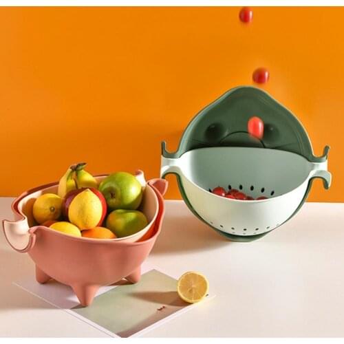 1 Set Drain Basket Anti-slip Handles Double Layer PP Creative Quick Drainage Fruit and Vegetable Storage Basket for Kitchen