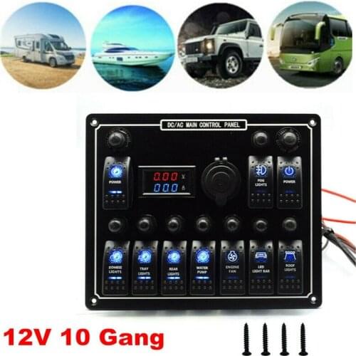 10 Gang Marine Rocker Switch Panel with Digital Voltage Display Blue LED ON-Off Button Switches