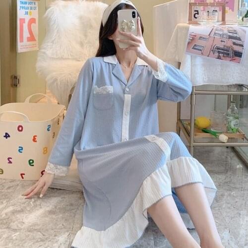 2021 Autumn Cotton Long Sleeve Sexy Lace Nightgown for Women Korean Loose Long Dress Sleepwear Night Gown Nightdress Home Nighty