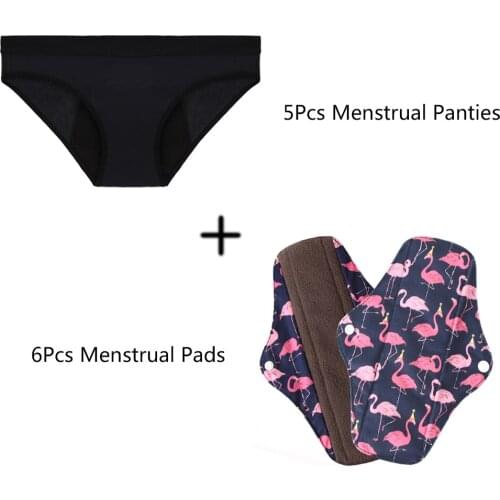 6PCS Panty Liner Cloth Menstrual Pad Mama Sanitary Reusable Soft Washable Charcoal Period Napkins Size M with 5pcs Panties