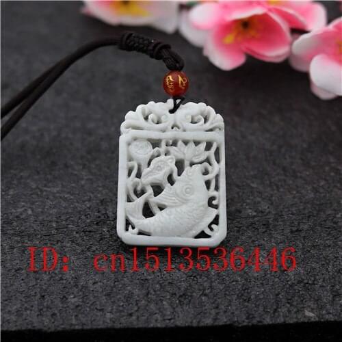 Hollow Out Double-sided Carved Carp Lotus Jade Pendant Natural White Fish Necklace Charm Jewellery Fashion Lucky Amulet Gifts