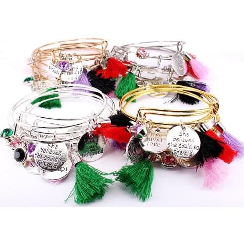 5pcs Bangle Set Wish Charm Bracelets for Women Tassel Never Give Up Believe In Love Charms Bangles Cuff Jewlery E9