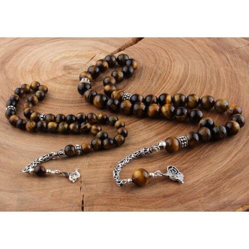 Natural Tigereye 2 Piece 925 Silver Tassel 33 Bead Prayer Tasbih Muslim Rosary Men Women Meditation Jewelry From Turkey