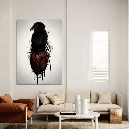 Raven And Heart Grenade Canvas Decoration Prints Poster Pictures Home Decor Living Room Bedroom Art Painting Animal Abstract