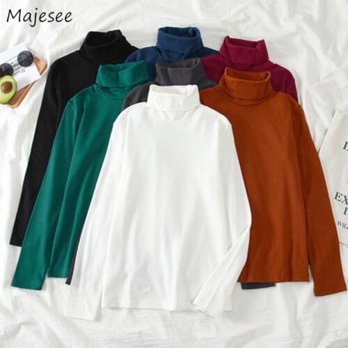 Long Sleeve T-shirts Women Solid Turtleneck Elegant Loose All-match Korean Style Student Simple Harajuku Soft Womens Tshirt Chic