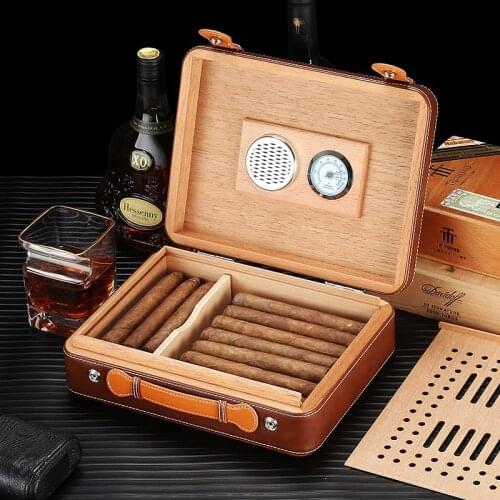 Quality Portable Cigar Humidor Cedar Wood Portable Cigarette Box Woven Pattern Size268x210x86mm Brown Black Capacity 25 Man Gift