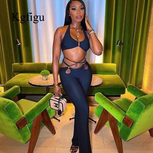 KGFIGU Two Piece Sets Women 2021 Summer Ladies Halter Short Top And Overalls Elegant Fashionable Hollow High Quality Pants Suit