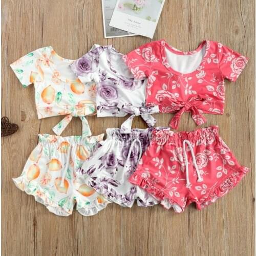 2 Pcs Summer Infant Baby Girls Flower/Fruit Print Outfits Girl Short Sleeve Round Neck Bowknot T-shirt Ruffle Drawstring Shorts