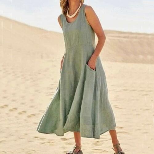 Summer casual for women 2021 robe lin femme Green khaki sleeveless cotton linen pocket sundress vestido Lady beach maxi dress