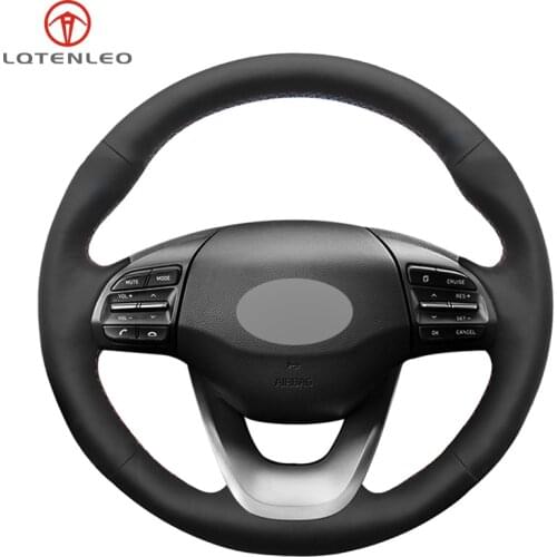 LQTENLEO Black Genuine Leather Hand Sew Car Steering Wheel Cover For Hyundai Kona 2017 2018 2019