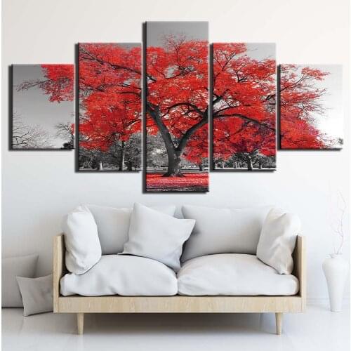 Wall Art Modular Pictures Red Tree Maple Painting on Canvas for Living Room Decor Home Decoration HD Prints Posters 5 Pieces