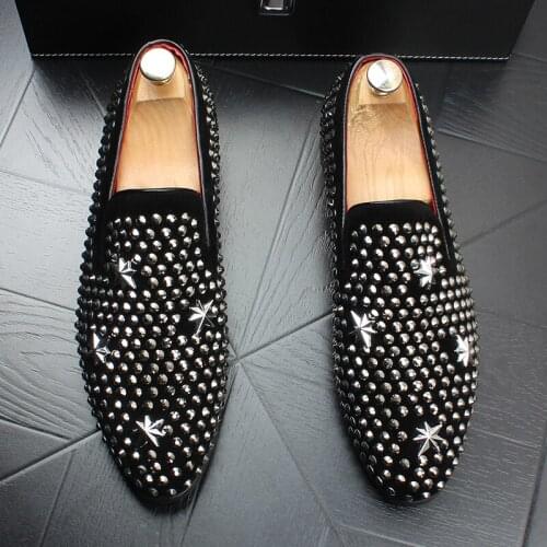 Men luxury fashion party nightclub dresses genuine leather shoes slip-on rivets shoe personality breathable summer loafers mans