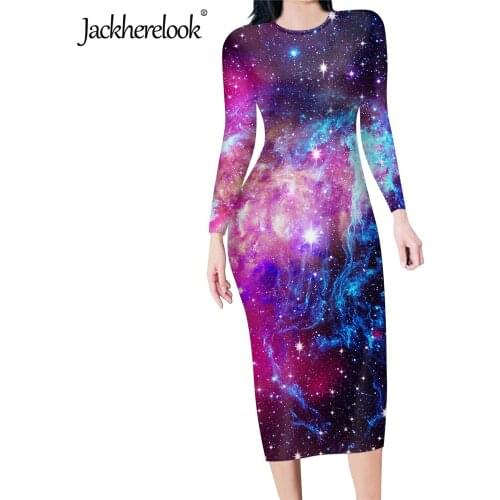 Jackherelook Womens Sexy Bodycon Pencil Dress Starry Sky Printing Autumn Long Sleeve Party Dresses for Ladies Vestidos de Mujer