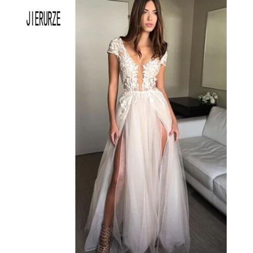 JIERUIZE Beach Wedding Dresses 2020 V Neck Cap Sleeve Backless Bridal Gowns Lace Applique Sexy High Split Wedding Dress Custom