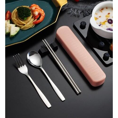 Portable Travel Tableware Set Stainless Steel Dinnerware With Box Kitchen Fork Spoon Dinner For Kid School 2021
