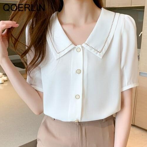 QOERLIN Summer Office Lady Chiffon Shirt Short Sleeve Turn-Down Collar White Top Shirt Elegant Chic Single Breasted Blusa Mujer