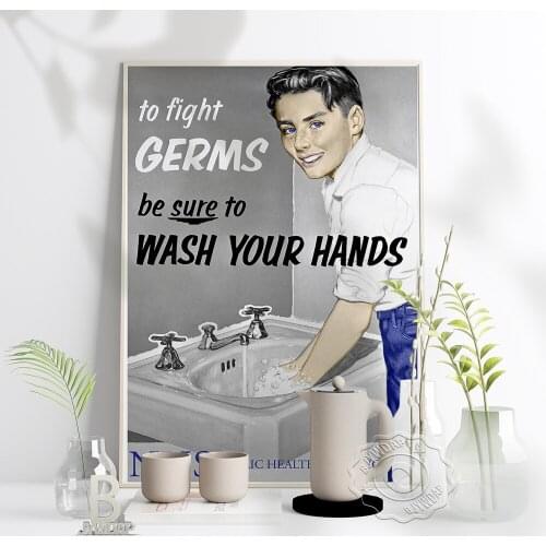 Fight Germs Health Retro Poster, Attention Personal Hygiene Wall Decor, "Wash Your Hands" Shop Or Cafe Bathroom Home Decor Gift