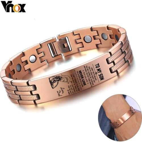 Vnox 13mm Personalized ID Bracelets for Men TO MY SON Copper Link Chain Subhealth Therapy Jewelry Free Tool