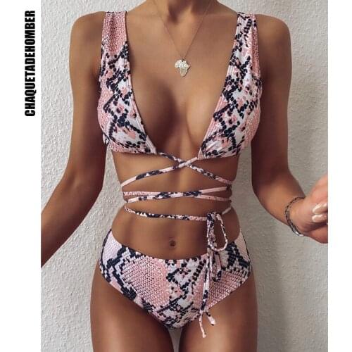 High Waist Bikinis Bandage Swimsuits Snake Swimwear Women Cross Biquini Bathing Suits Top Wrap Beachwear Brazilian Bikini Set