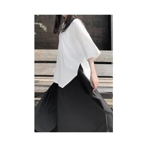 Women Black Hem Vent Big Size T-shirt New Round Neck Three-quarter Sleeve Fashion Tide Spring Autumn
