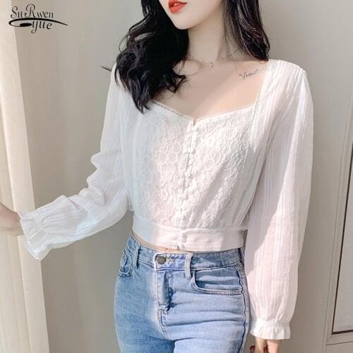 2021 Puff Long Sleeve Lace Stitching White Women Blouse Autumn New Square Collar Chiffon Shirt Women Loose Plus Size Tops 10848