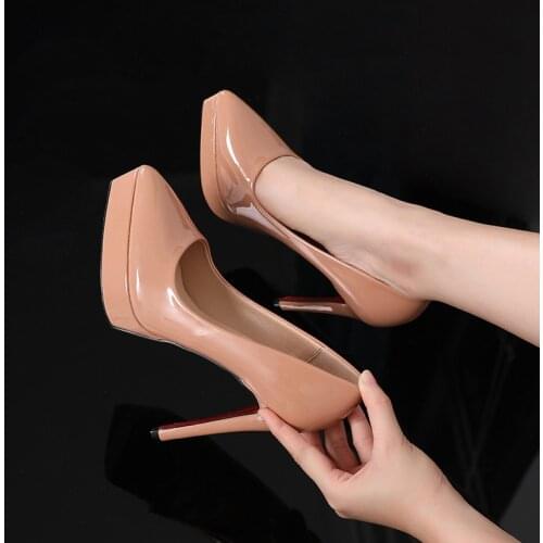 New Arrival 12cm Sexy Platform Women High Heels Pointed Toe Party Wedding Shoes Nude Patent Leather Lady Pumps Small Size 32-39