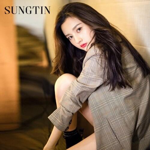 Sungtin Vintage Houndstooth Plaid Women Blazers Casual Notched Double Breasted Long Blazer Jacket Office Lady Retro Suits Coats