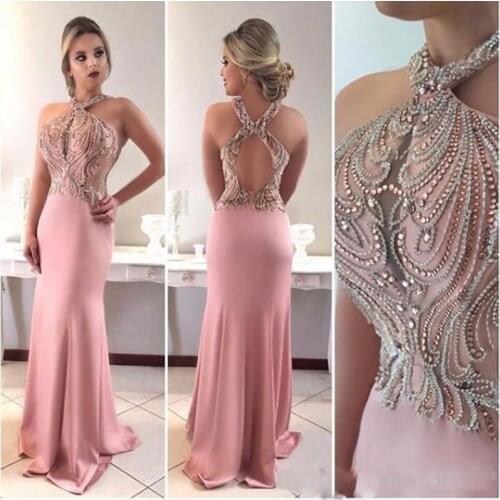2019 Mermaid Prom Dresses Pink Halter Keyhole Crystal Beaded Sleeveless Long Evening Dress Hollow Back Dubai Robe de soiree