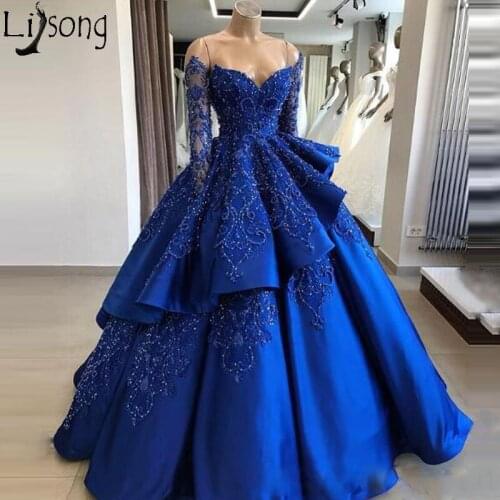 Ball Gown Long Sleeve Royal Blue Prom Dresses with Detachable Skirt Luxury Beaded Chic Long Evening Dress Special Occasion Gowns