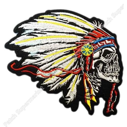 5" Large FEATHERED CHIEF HEAD DEATH SKULL MOTOCYCLE MC Biker Vest Jacket Back Metal Rock iron on patches for clothing