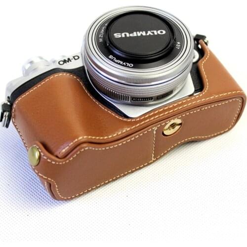 Black/Coffee/Brown Genuine Leather Half Camera Bottom Bag Case For Olympus EM10 II III E-M10 Mark II III With Battery Open Case