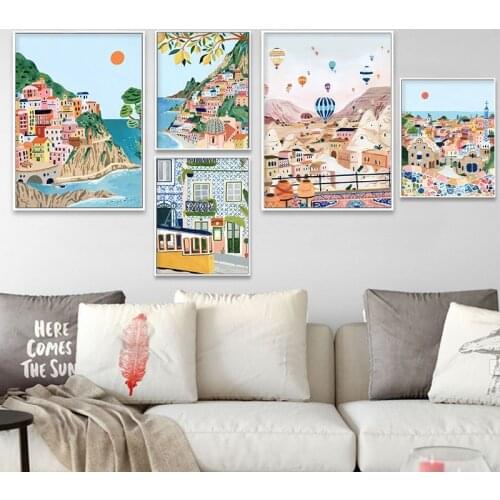 Modern Famous City Tourism Wall Art Poster Cartoon Turkey Italy Portuguese Landscape Canvas Painting Living Room Home Decoration