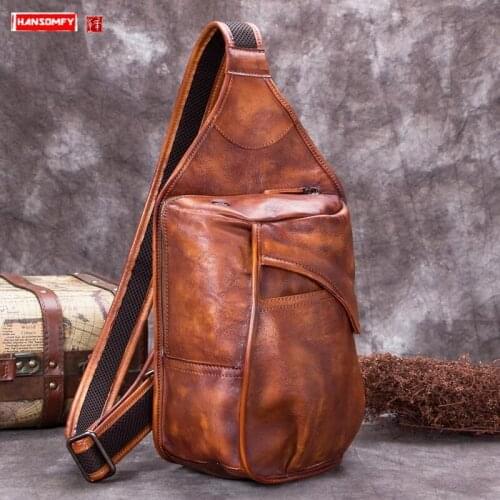 Vintage Leather Mens Chest Bag Shoulder Messenger Bags First Layer Cowhide Male Men Large Capacity Verticle Square Slit Pocket