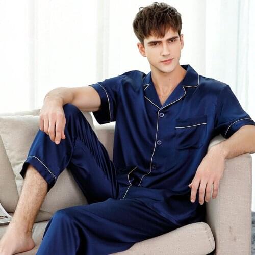 Fashion 100% genuine silk pajamas sets men short sleeves sexy silk pajamas for male pure color silk indoor wear pyjamas mens