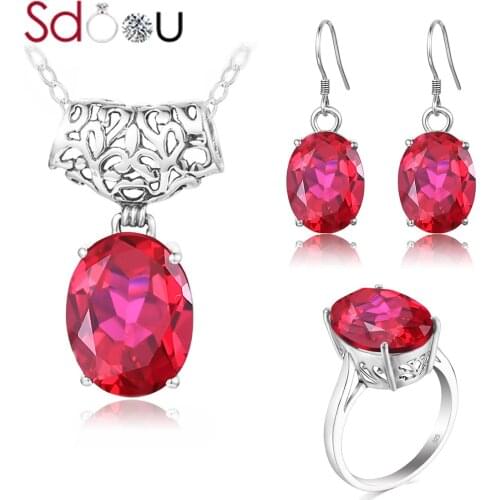 SDOOU Silver 925 Jewelry Sets For Women Real Sterling Silver Rings Earrings Pendants Oval Gemstone Bridal Jewelry Set Wedding