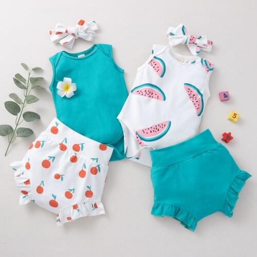 Three Piece Baby Girl’s Clothes Summer Fresh Sleeveless Jumpsuit and Ruffles Short Pants with Headband