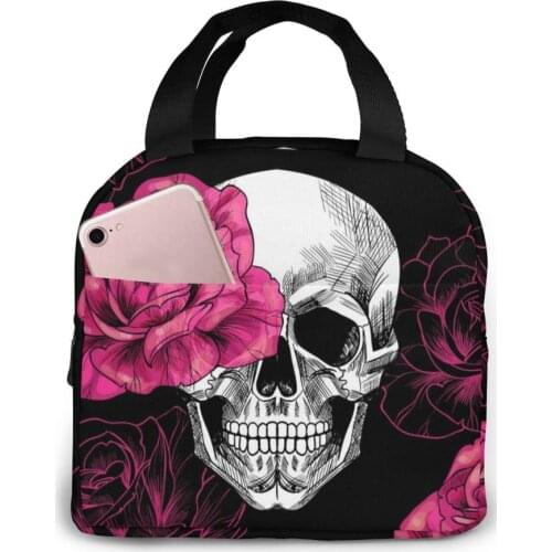 Portable Lunch Bag Skulls And Roses Thermal Insulated Lunch Box Tote Cooler Bag Bento Pouch Lunch Container Food Storage Bag